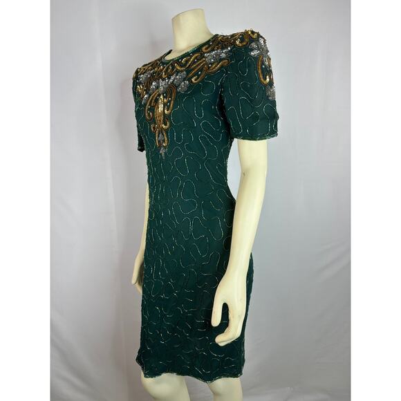 Vintage 90s Silk Cocktail Dress Fully Beaded Sequins Green size small petite - Picture 7 of 12
